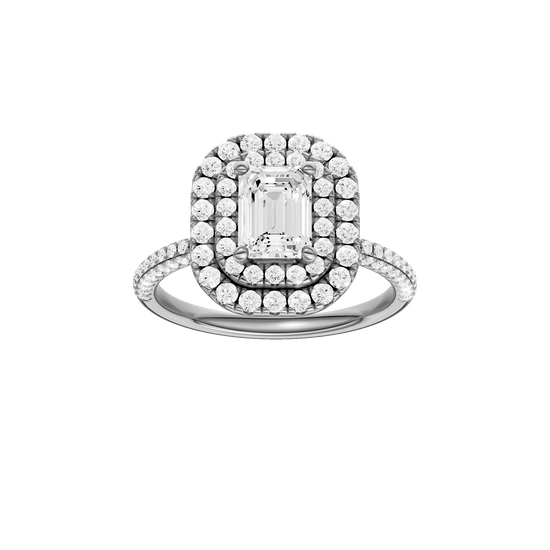Emerald-cut diamond engagement ring with a pavé-set diamond band and double-halo setting.