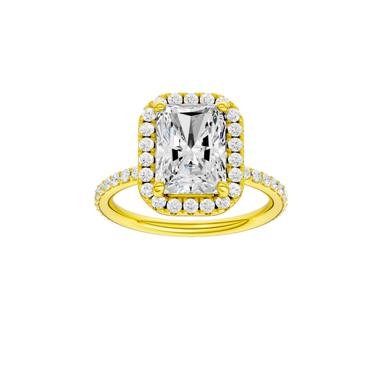 Radiant-cut diamond engagement ring with a prong-set diamond band and halo setting.