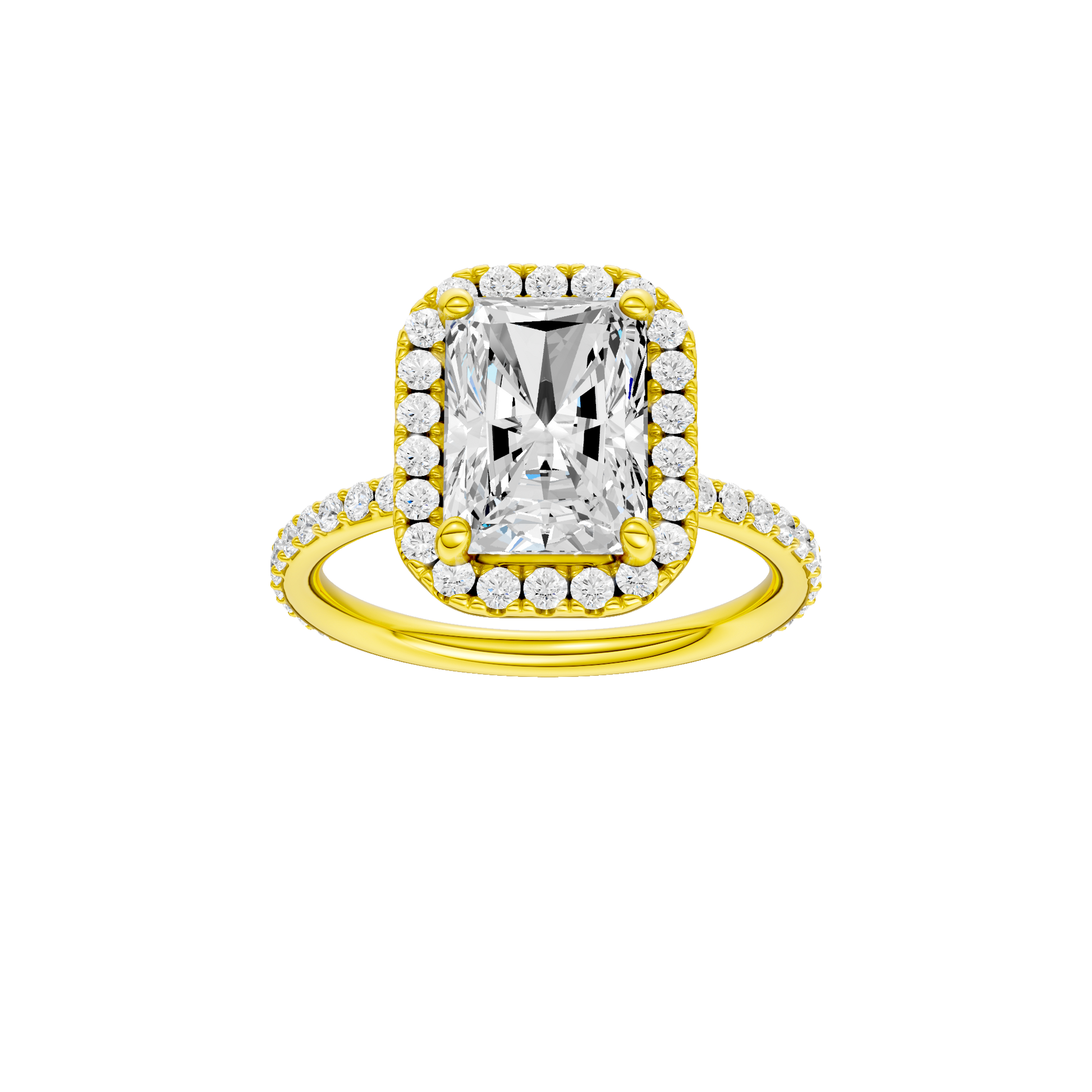 Radiant-cut diamond engagement ring with a prong-set diamond band and halo setting.