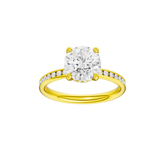 Round-cut diamond engagement ring with a channel-set diamond band and hidden-halo setting.