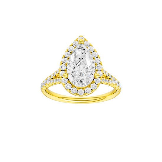 Pear-cut diamond engagement ring with a prong-set diamond band and halo setting.