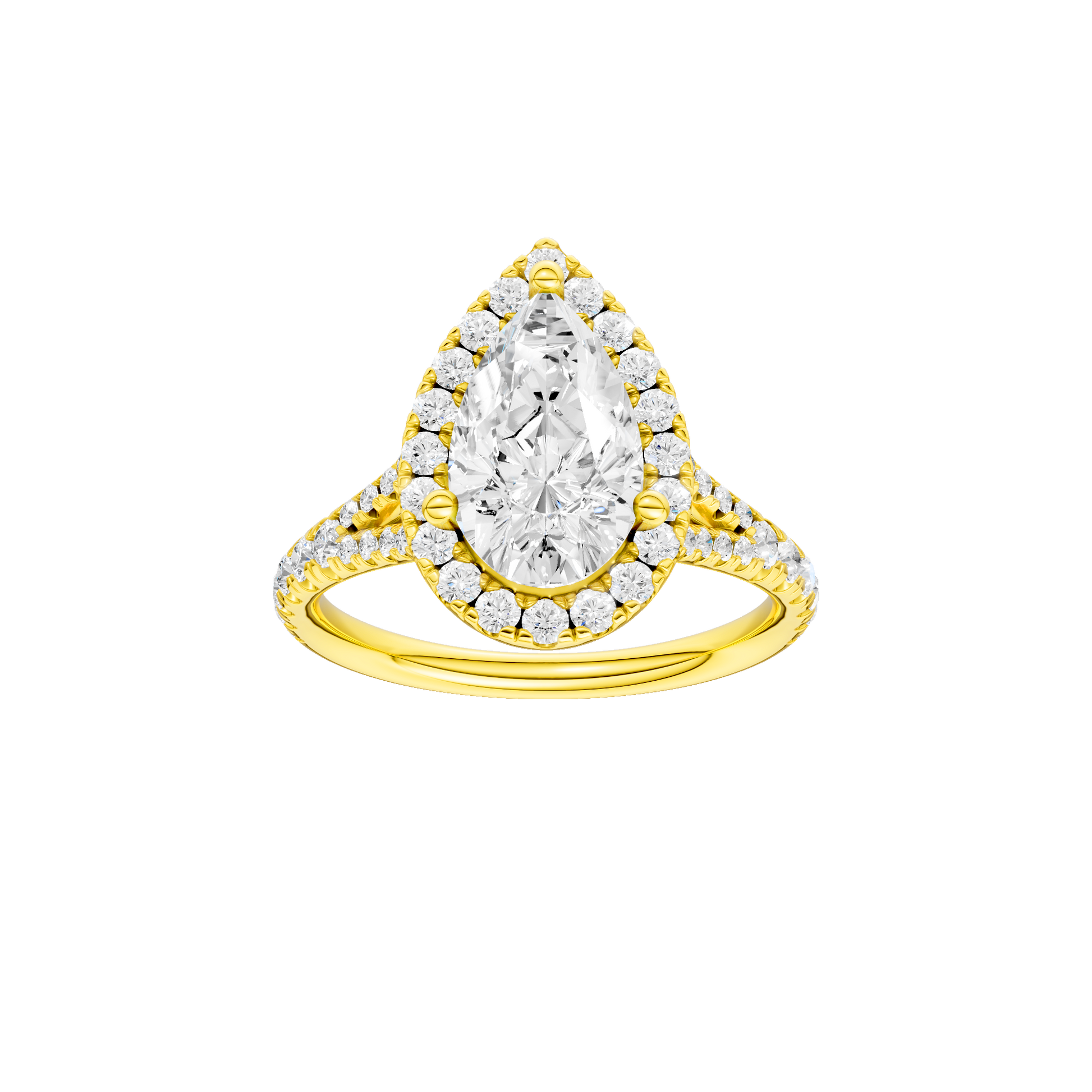 Pear-cut diamond engagement ring with a prong-set diamond band and halo setting.