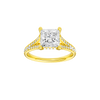 Princess-cut diamond engagement ring with a channel-set diamond band and hidden-halo setting.