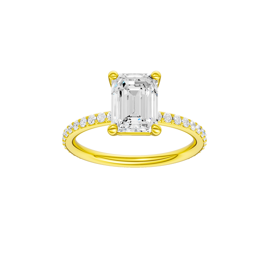 Emerald-cut diamond engagement ring with a prong-set diamond band and solitaire setting.