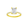 Emerald-cut diamond engagement ring with a prong-set diamond band and solitaire setting.