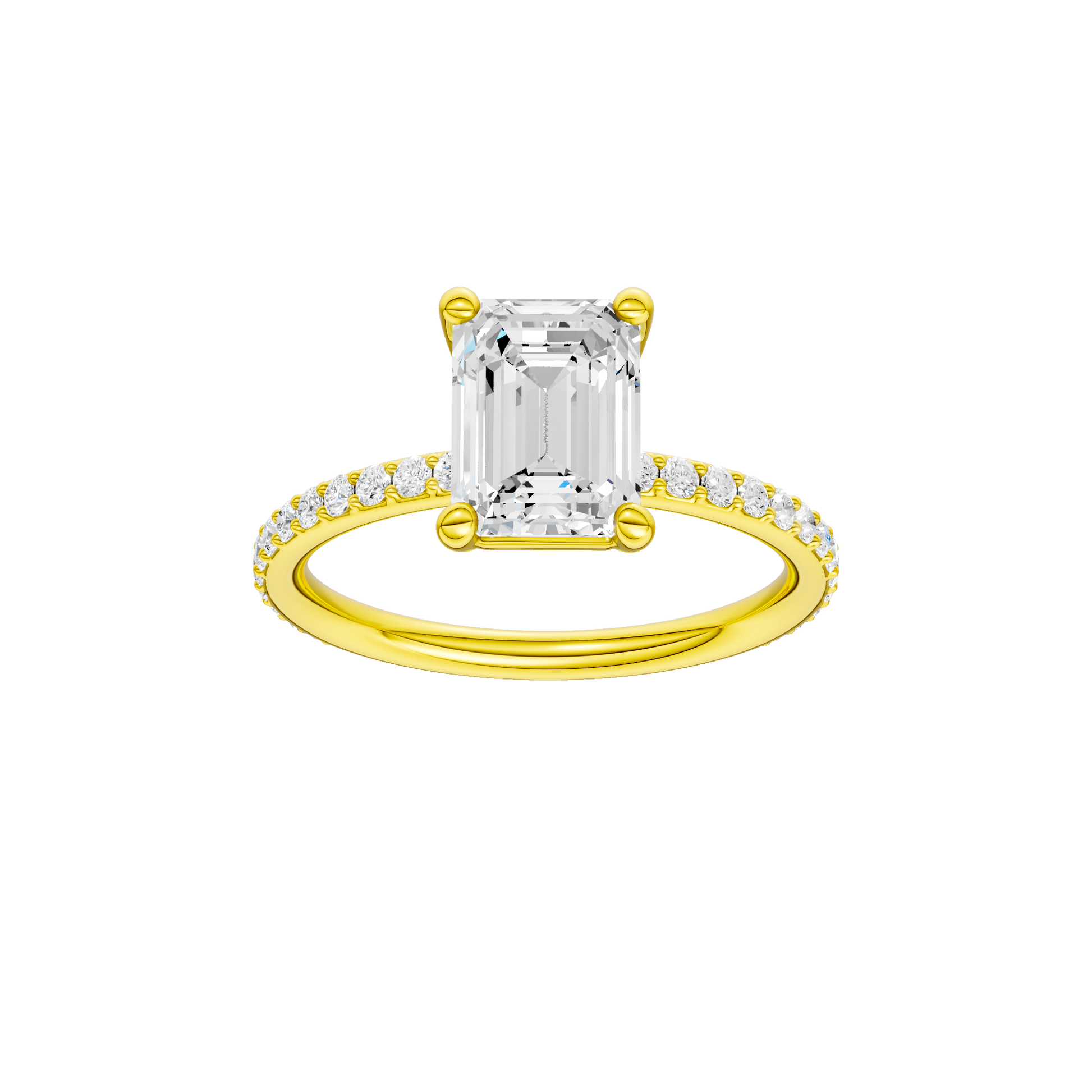 Emerald-cut diamond engagement ring with a prong-set diamond band and solitaire setting.