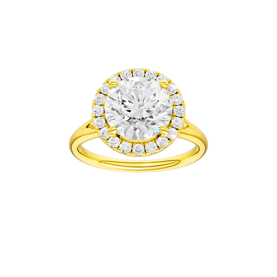 Round-cut diamond engagement ring with a plain band and halo setting.