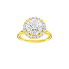 Round-cut diamond engagement ring with a plain band and halo setting.