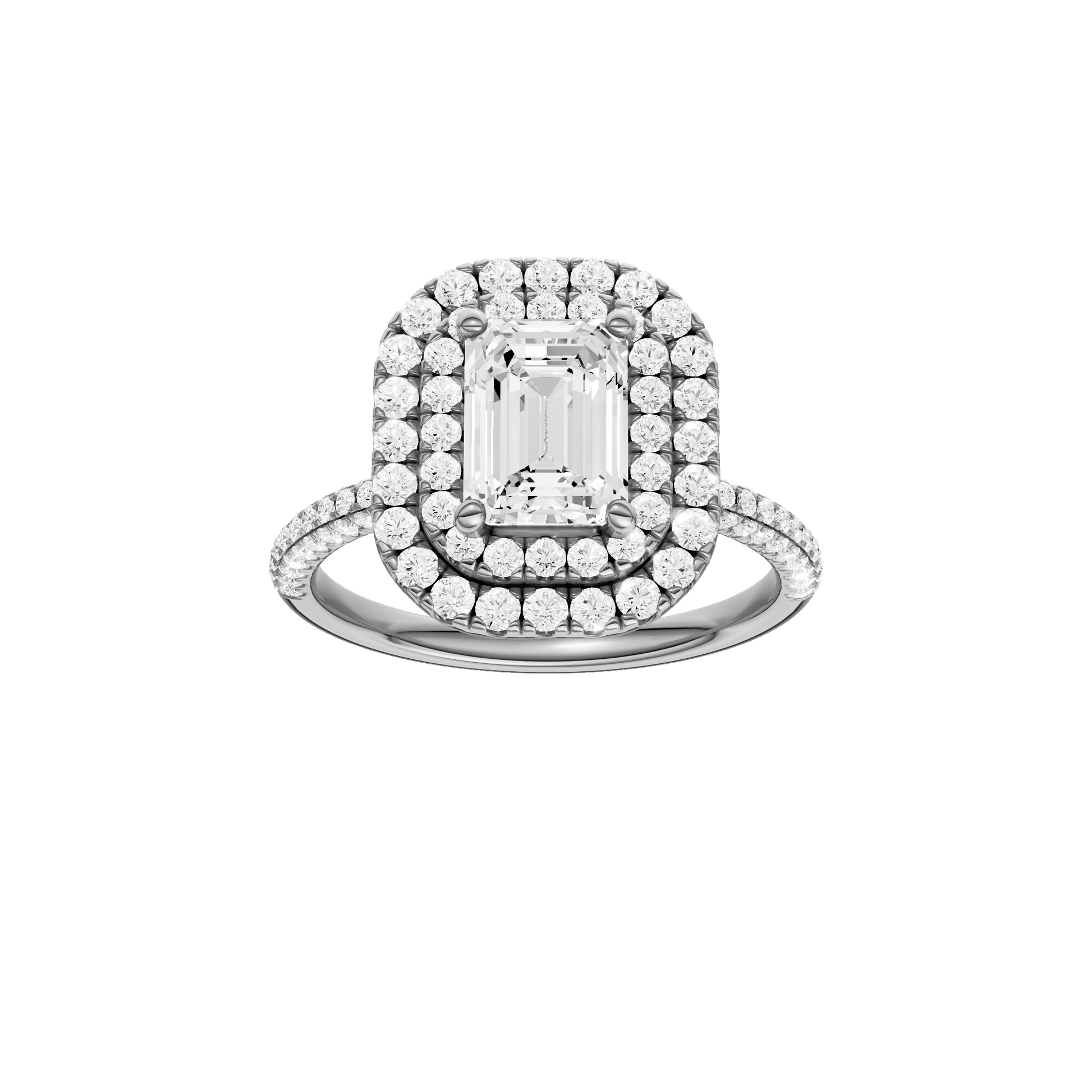 Emerald-cut diamond engagement ring with a pavé-set diamond band and double-halo setting.