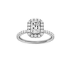 Radiant-cut diamond engagement ring with a prong-set diamond band and halo setting.