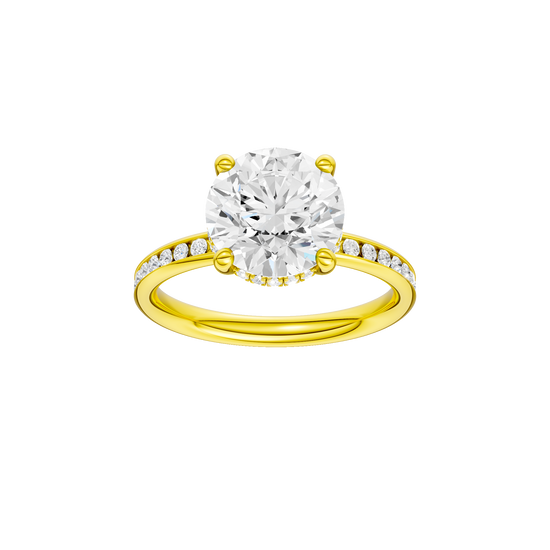 Round-cut diamond engagement ring with a channel-set diamond band and hidden-halo setting.