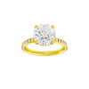 Round-cut diamond engagement ring with a channel-set diamond band and hidden-halo setting.