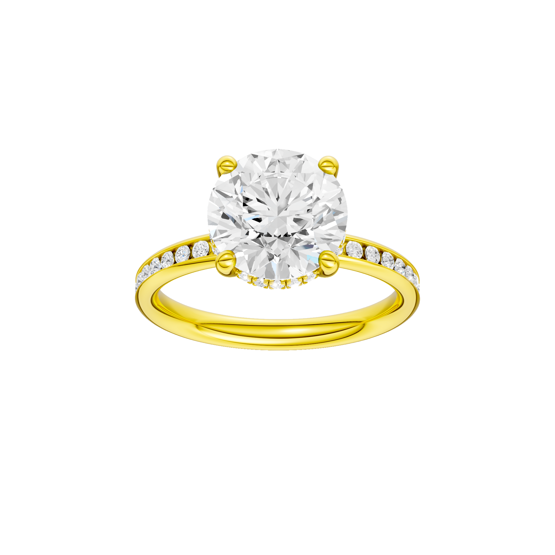 Round-cut diamond engagement ring with a channel-set diamond band and hidden-halo setting.