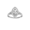 Marquise-cut diamond engagement ring with a channel-set diamond band and halo setting.