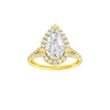 Pear-cut diamond engagement ring with a prong-set diamond band and halo setting.