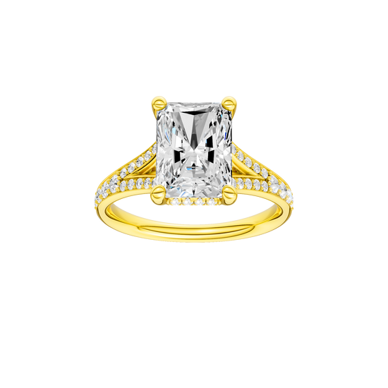 Radiant-cut diamond engagement ring with a channel-set diamond band and hidden-halo setting.