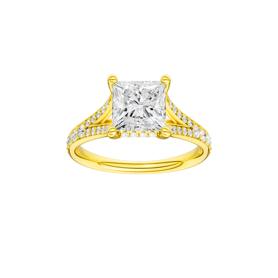 Princess-cut diamond engagement ring with a channel-set diamond band and hidden-halo setting.
