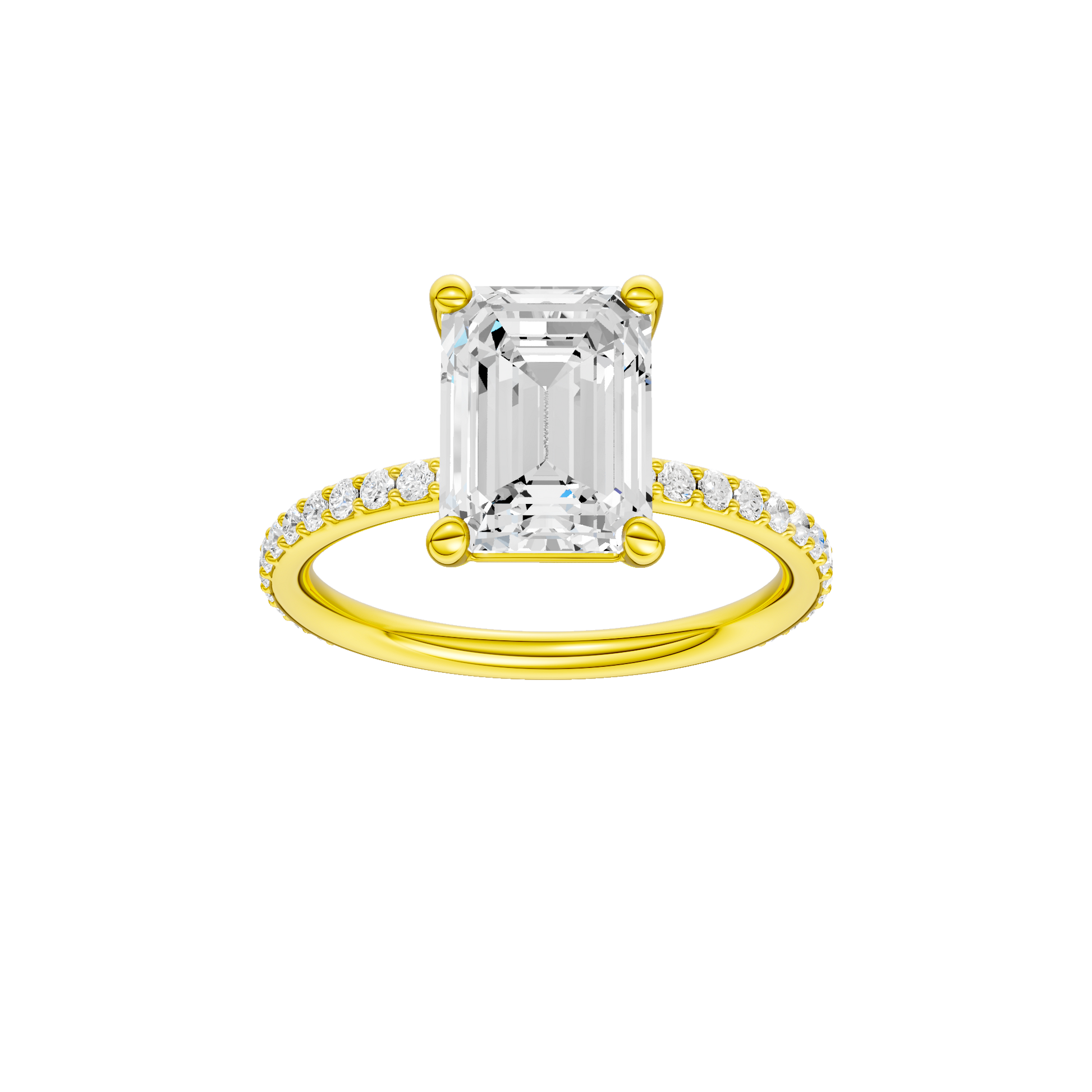 Emerald-cut diamond engagement ring with a prong-set diamond band and solitaire setting.