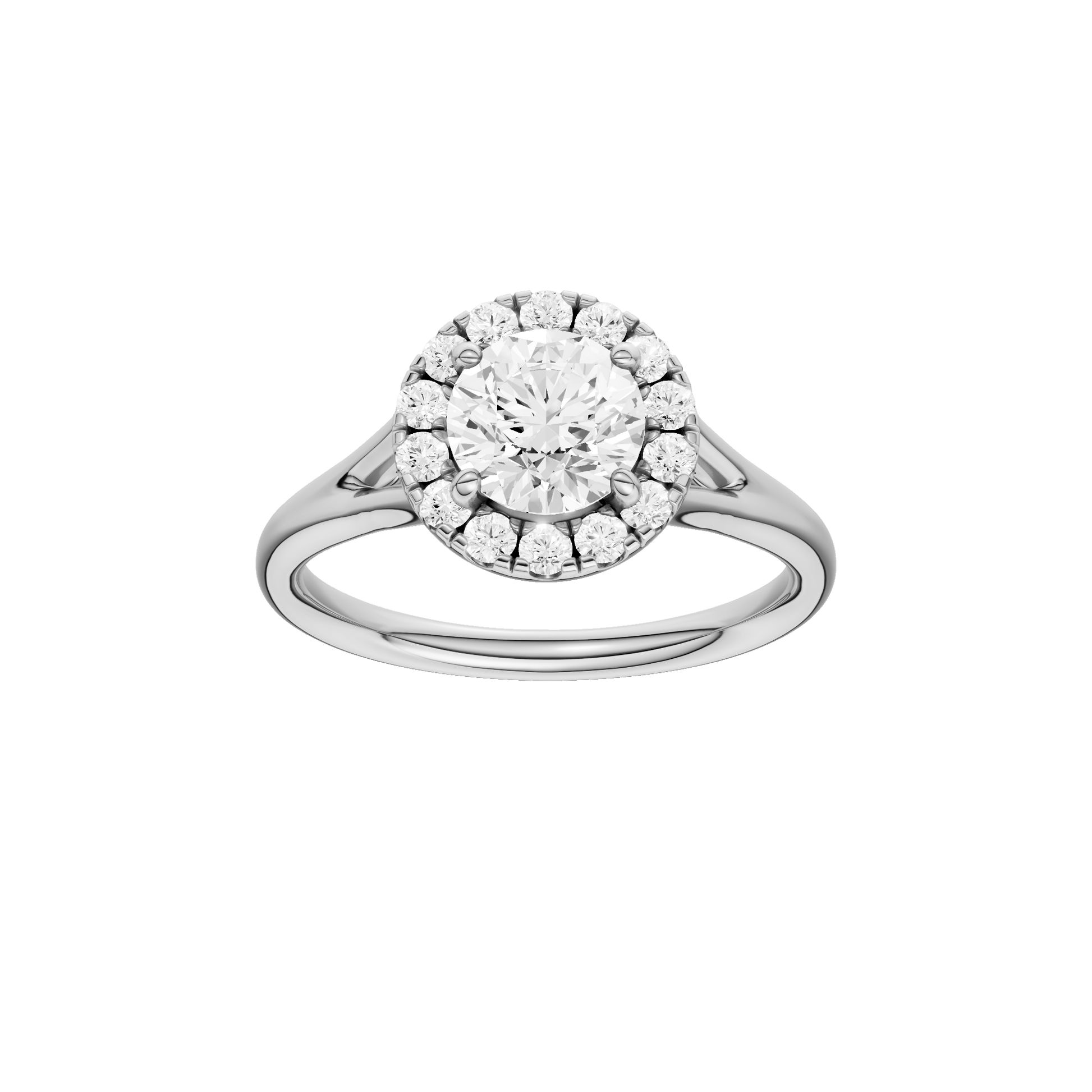 Round-cut diamond engagement ring with a plain band and halo setting.