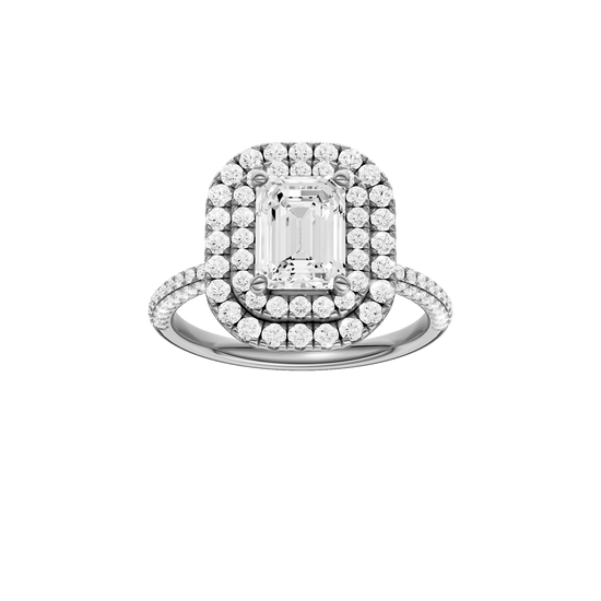Emerald-cut diamond engagement ring with a pavé-set diamond band and double-halo setting.