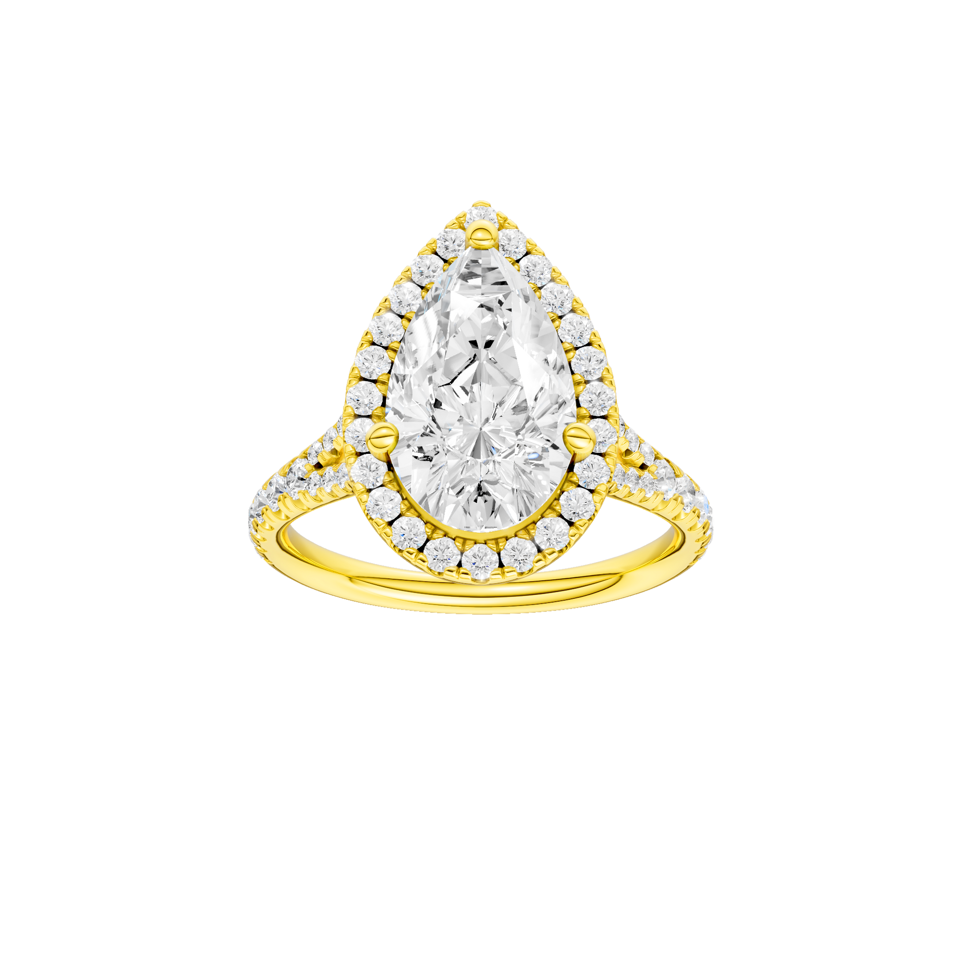Pear-cut diamond engagement ring with a prong-set diamond band and halo setting.