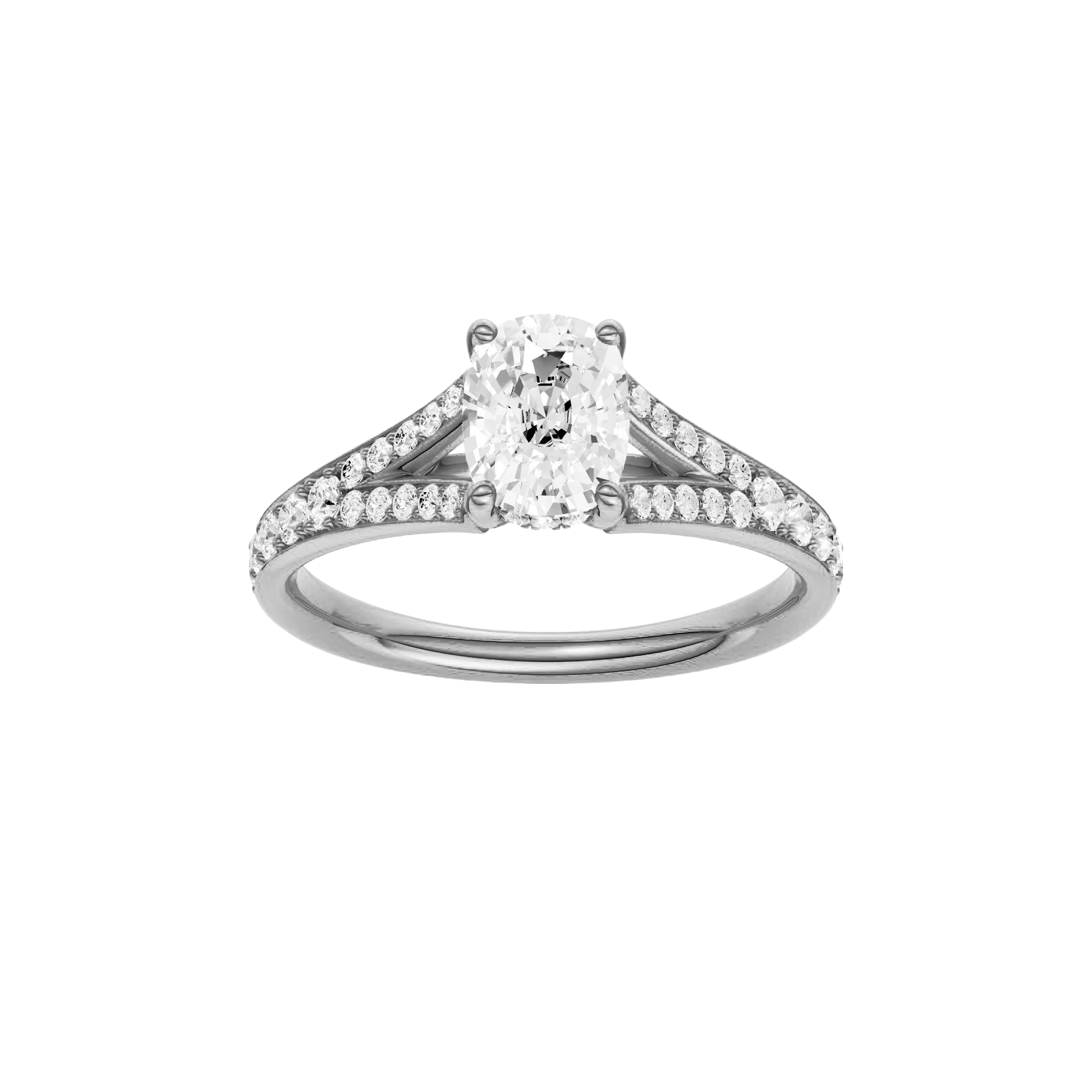 Elongated cushion-cut diamond engagement ring with a channel-set diamond band and hidden-halo setting.