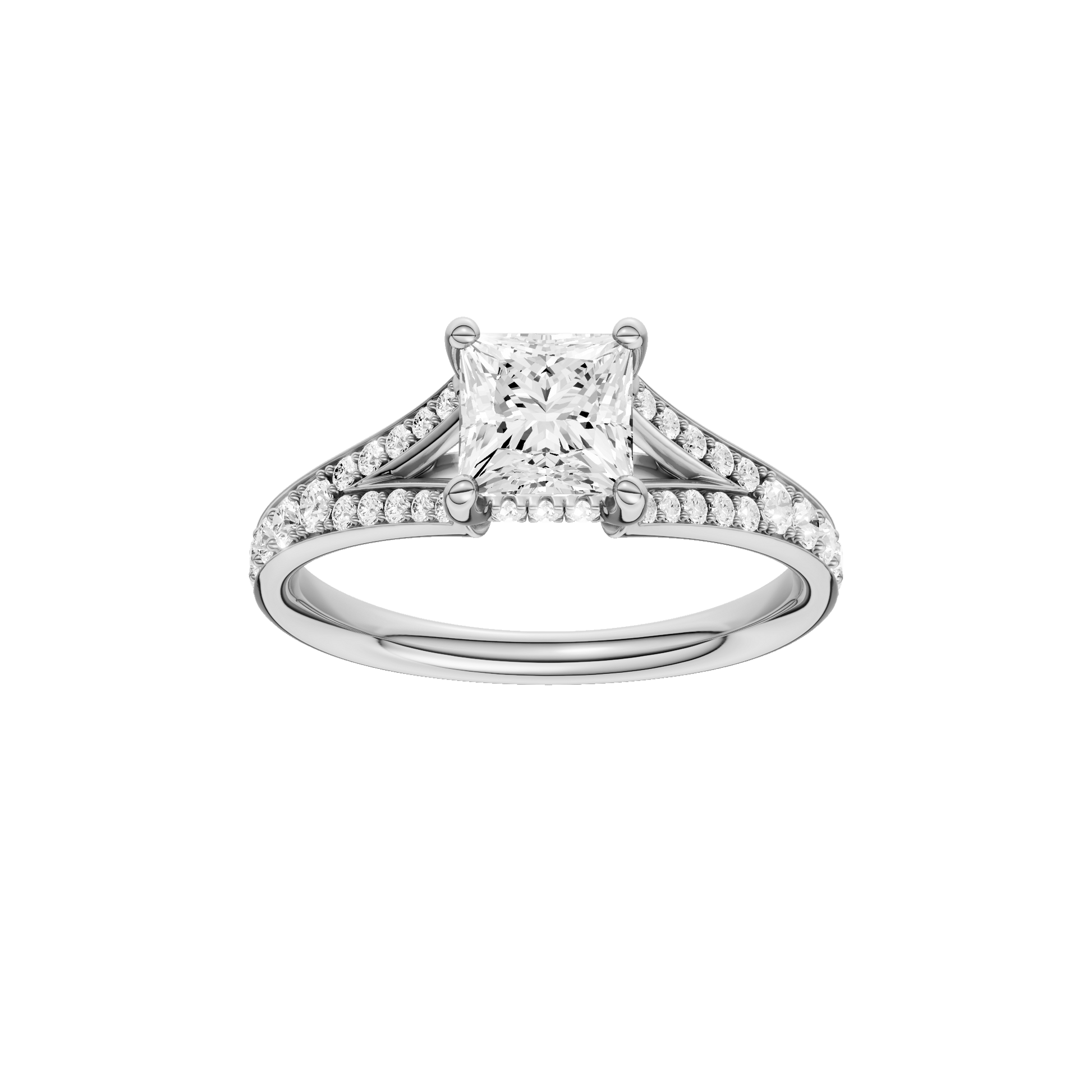Princess-cut diamond engagement ring with a channel-set diamond band and hidden-halo setting.