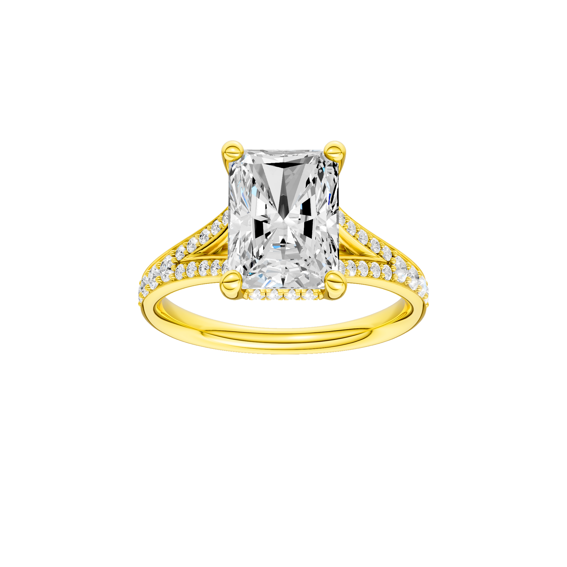 Radiant-cut diamond engagement ring with a channel-set diamond band and hidden-halo setting.