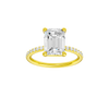 Emerald-cut diamond engagement ring with a prong-set diamond band and solitaire setting.