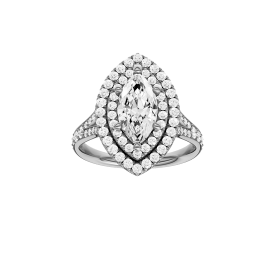 Marquise-cut diamond engagement ring with a channel-set diamond band and double-halo setting.
