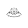 Round-cut diamond engagement ring with a plain band and halo setting.