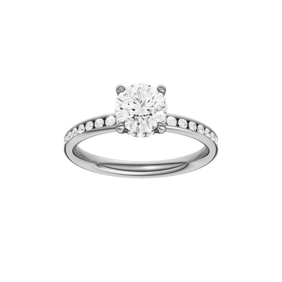 Round-cut diamond engagement ring with a channel-set diamond band and hidden-halo setting.