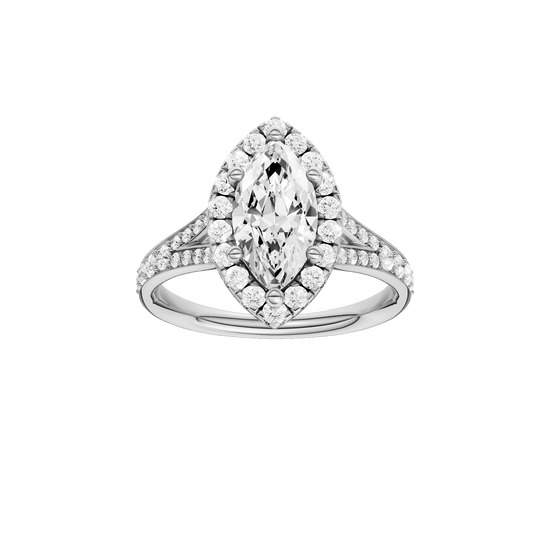 Marquise-cut diamond engagement ring with a channel-set diamond band and halo setting.