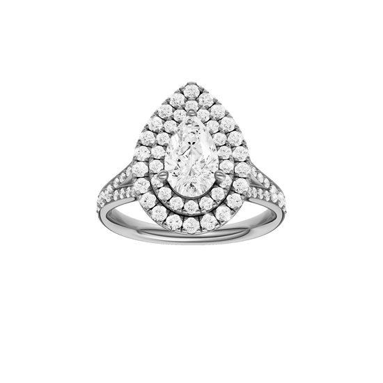 Pear-cut diamond engagement ring with a channel-set diamond band and double-halo setting.