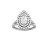 Pear-cut diamond engagement ring with a channel-set diamond band and double-halo setting.
