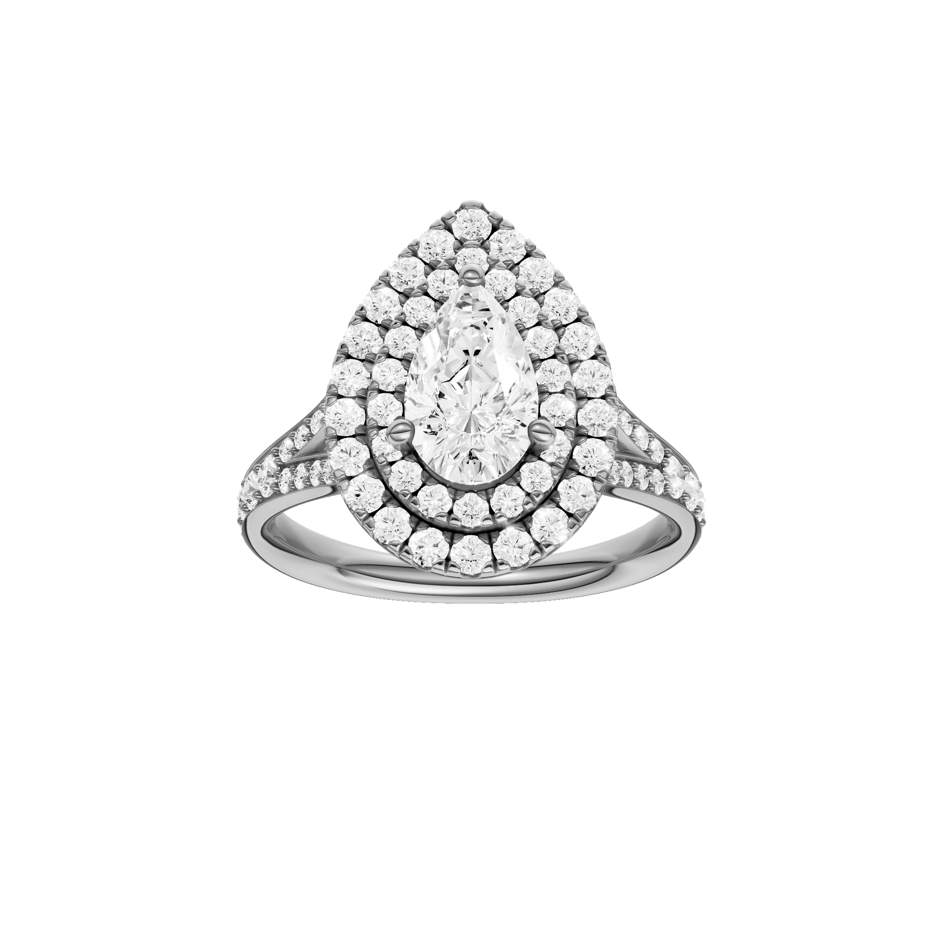 Pear-cut diamond engagement ring with a channel-set diamond band and double-halo setting.