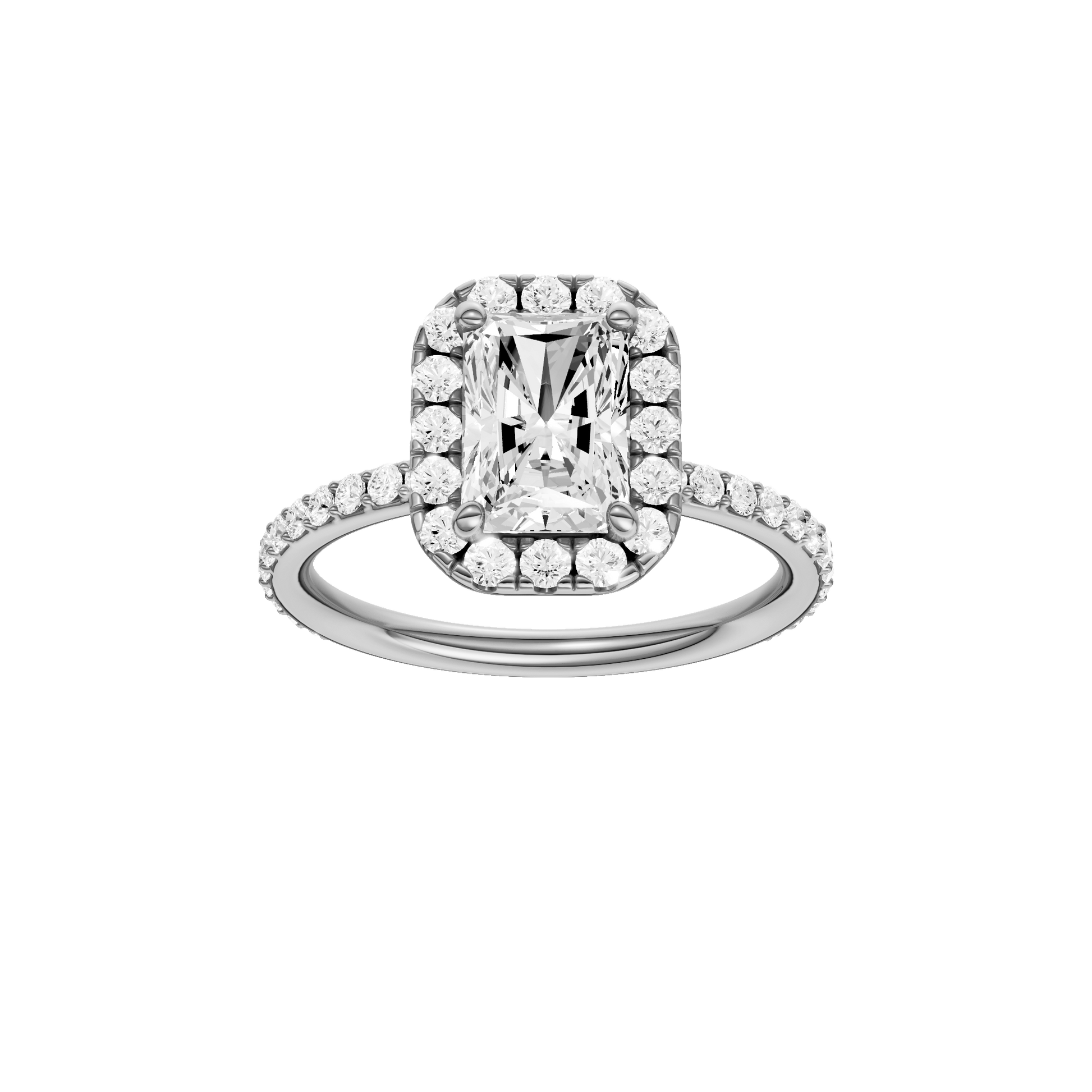 Radiant-cut diamond engagement ring with a prong-set diamond band and halo setting.