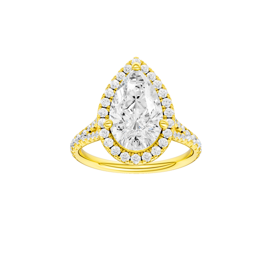 Pear-cut diamond engagement ring with a prong-set diamond band and halo setting.