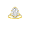 Pear-cut diamond engagement ring with a prong-set diamond band and halo setting.