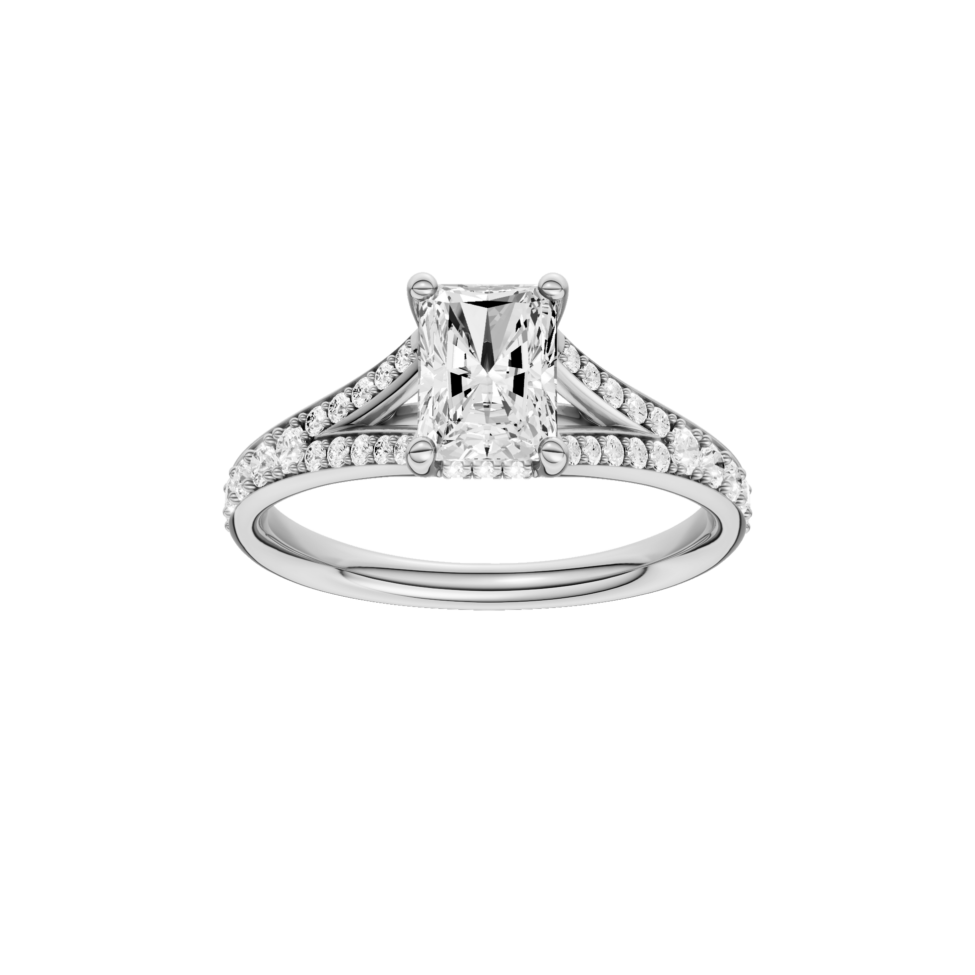 Radiant-cut diamond engagement ring with a channel-set diamond band and hidden-halo setting.