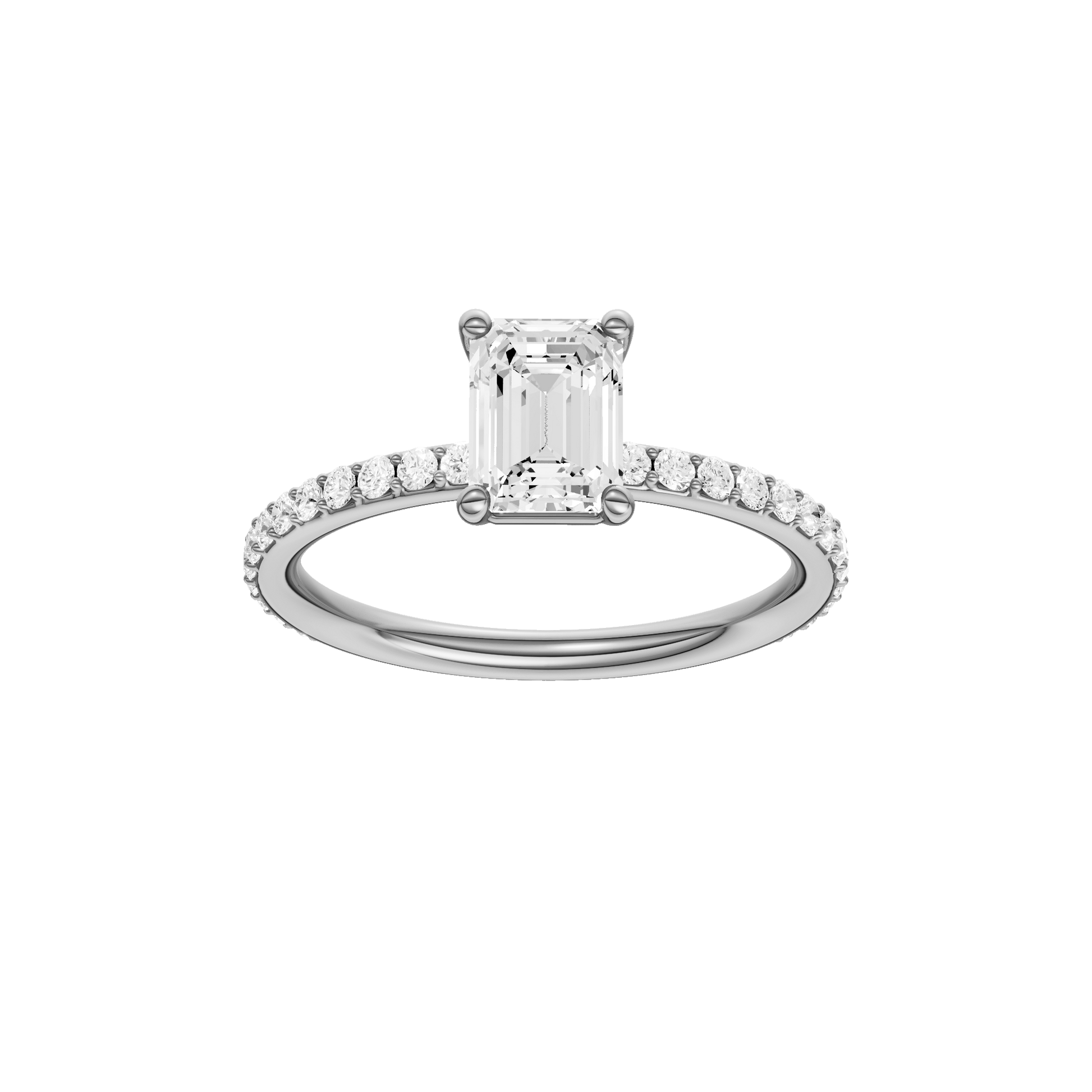 Emerald-cut diamond engagement ring with a prong-set diamond band and solitaire setting.