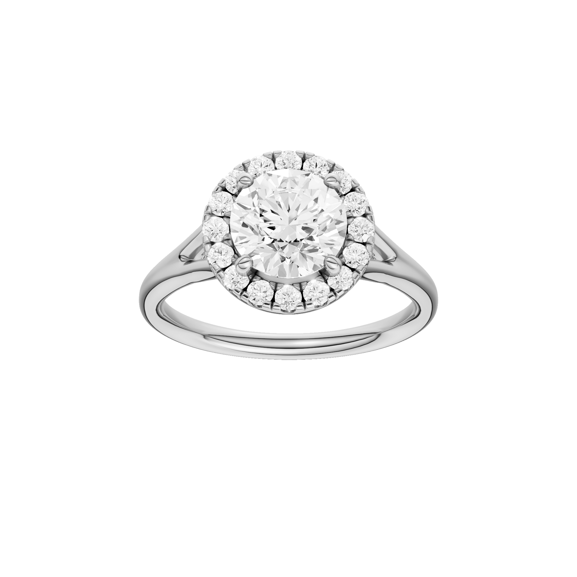 Round-cut diamond engagement ring with a plain band and halo setting.