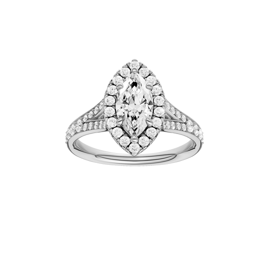 Marquise-cut diamond engagement ring with a channel-set diamond band and halo setting.