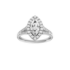 Marquise-cut diamond engagement ring with a channel-set diamond band and halo setting.