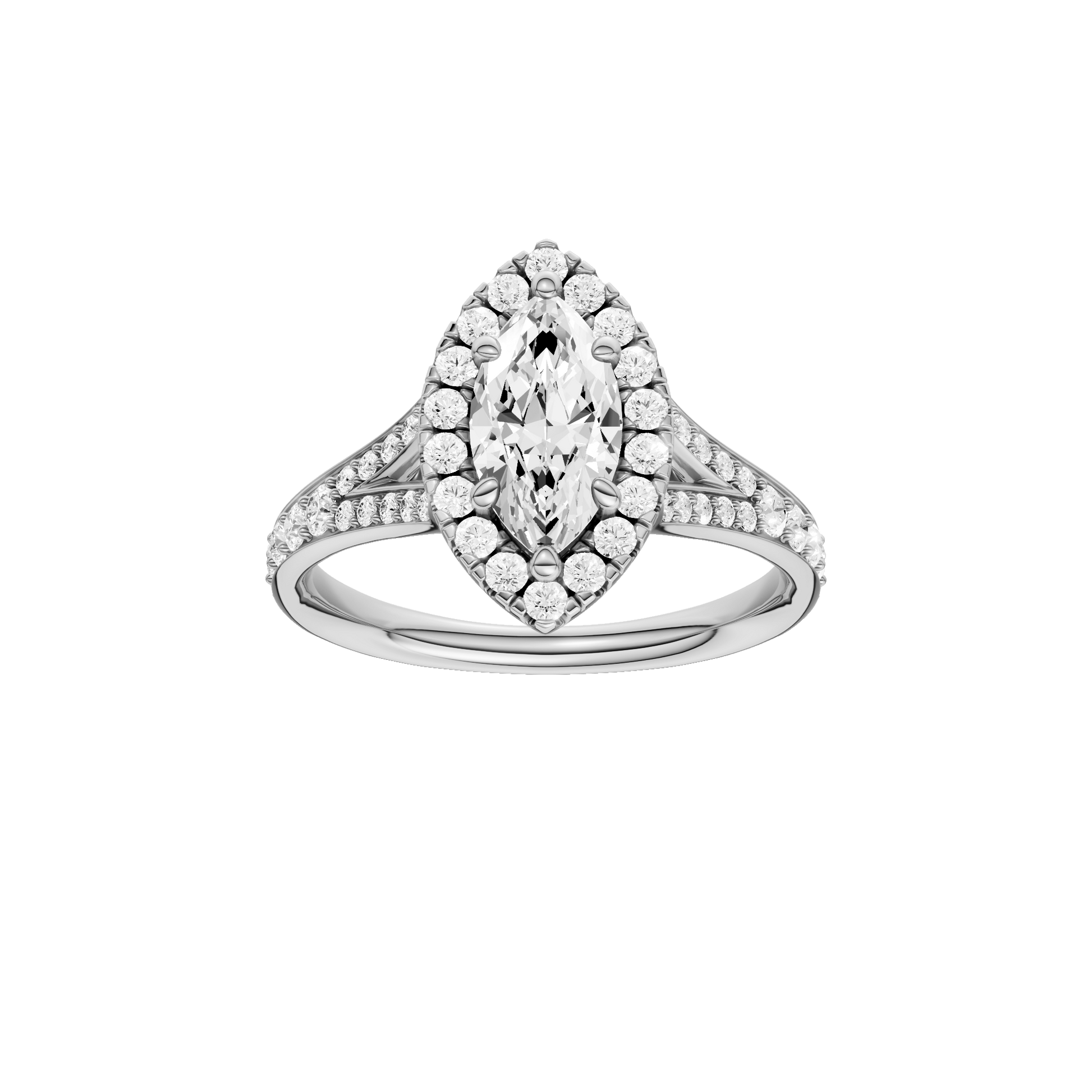 Marquise-cut diamond engagement ring with a channel-set diamond band and halo setting.
