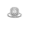 Emerald-cut diamond engagement ring with a pavé-set diamond band and double-halo setting.