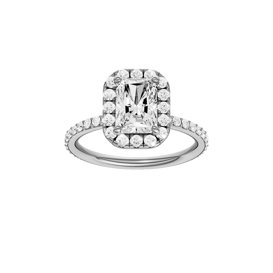 Radiant-cut diamond engagement ring with a prong-set diamond band and halo setting.