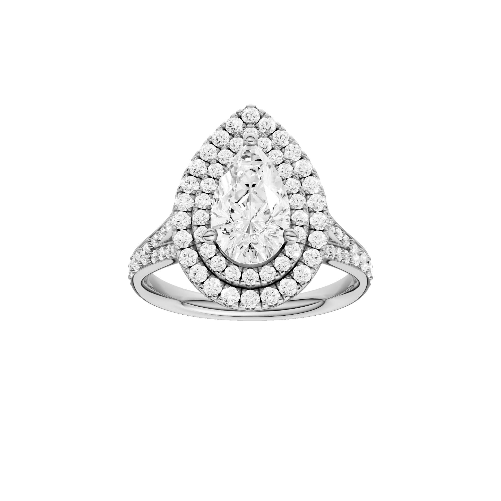 Pear-cut diamond engagement ring with a channel-set diamond band and double-halo setting.