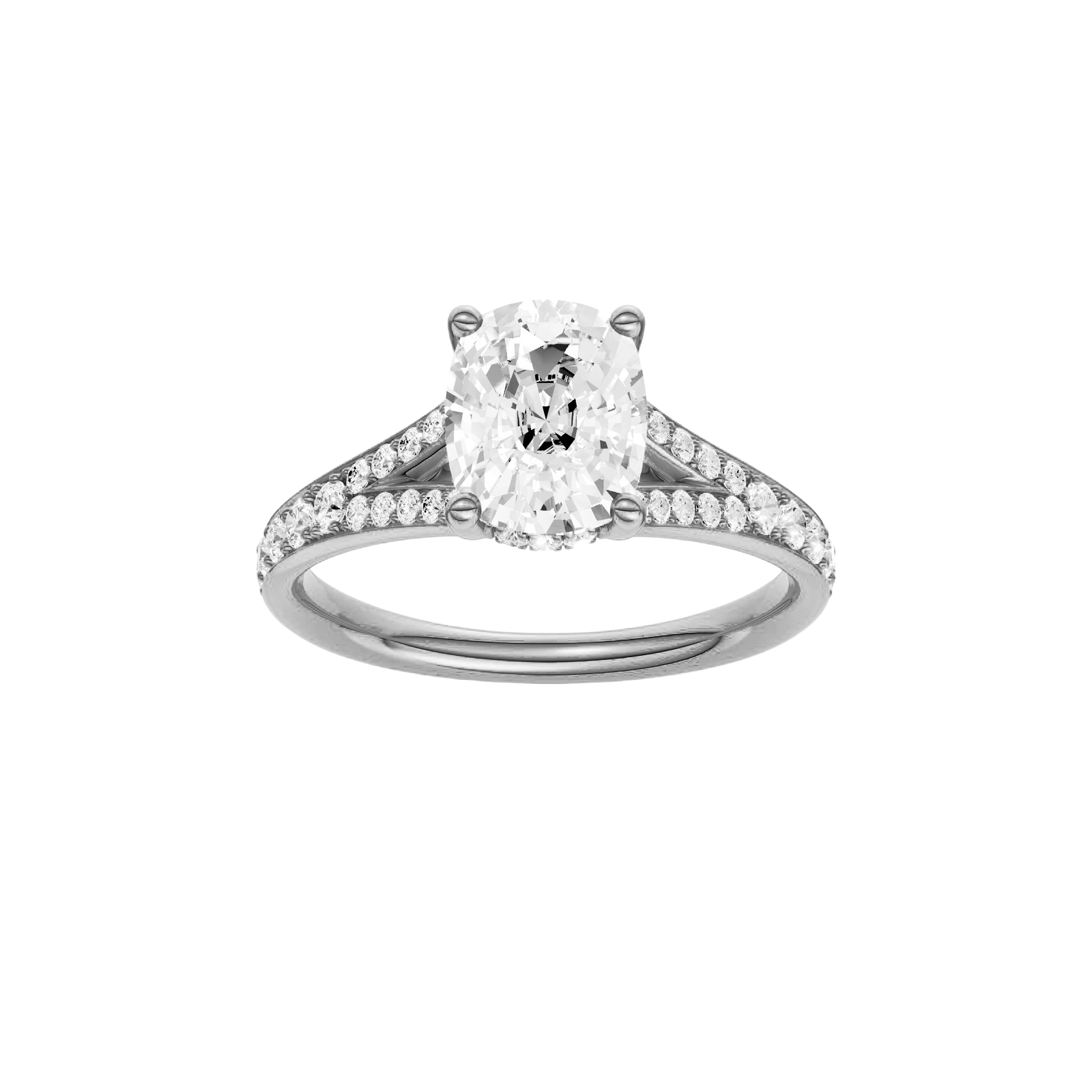 Elongated cushion-cut diamond engagement ring with a channel-set diamond band and hidden-halo setting.