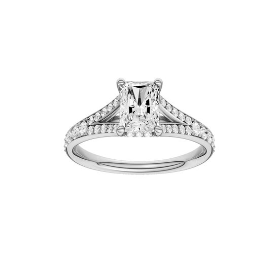 Radiant-cut diamond engagement ring with a channel-set diamond band and hidden-halo setting.